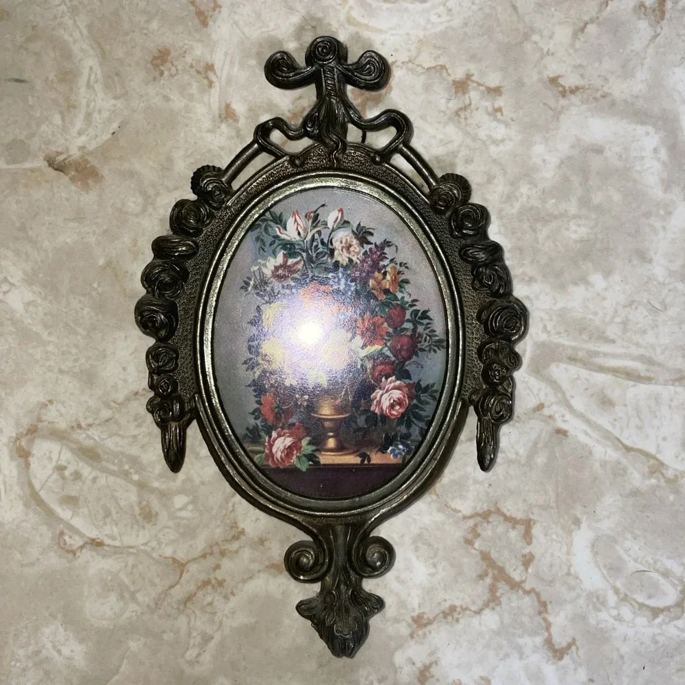 Pair Of Vintage Ornate Metal Italian Oval Frames With Floral Flower Vases Displa